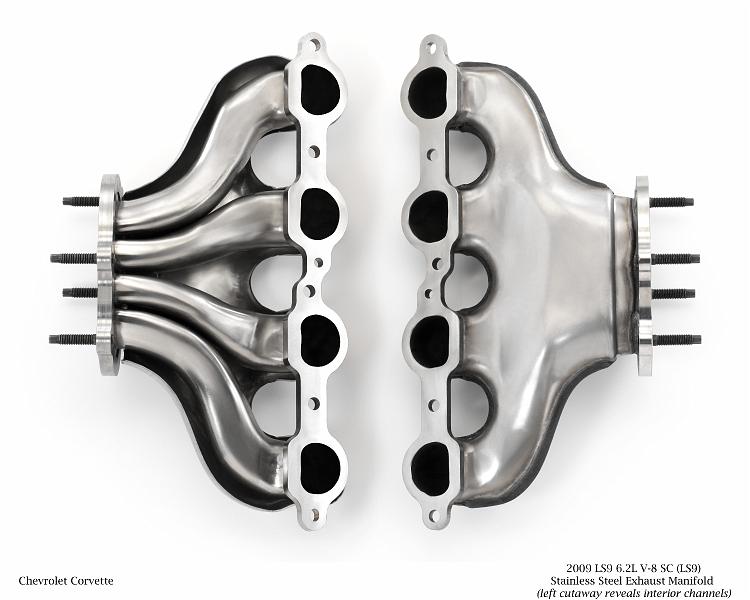 X09PT_EP023.jpg - 2009 LS9 6.2L V-8 SC (LS9) Stainless Steel Exhaust Manifold (left cutaway reveals interior channels) for Chevrolet Corvette. X09PT_EP023  (United States)